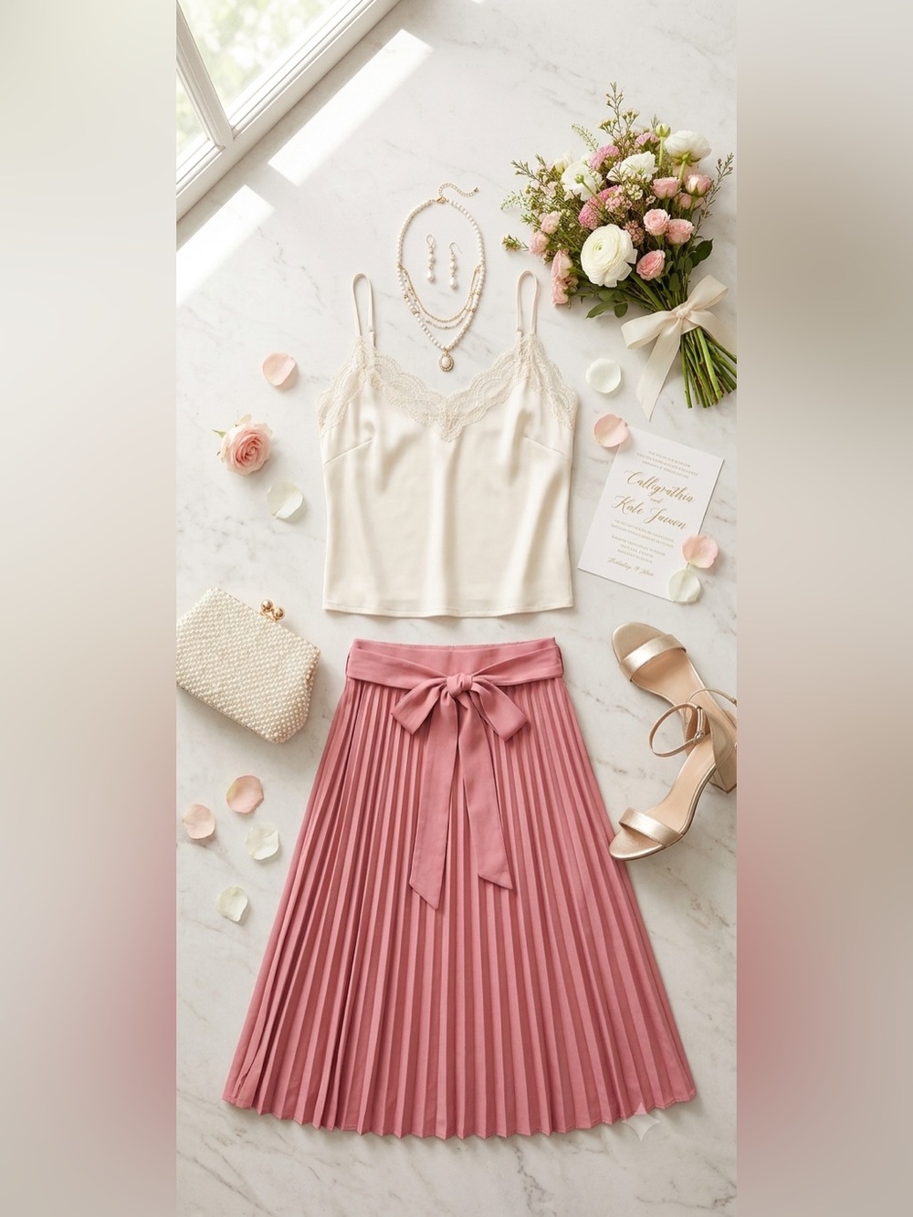 Pink Pleated Tie-Waist Skirt by Kate Kasin